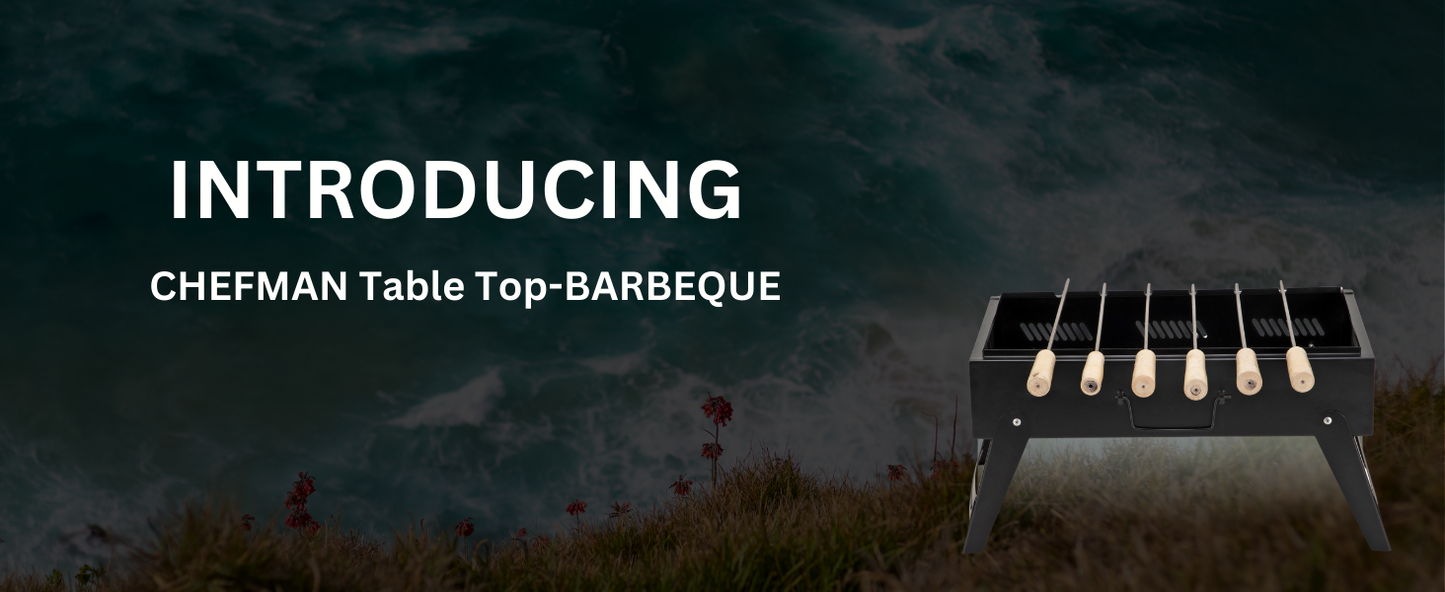 Tabletop charcoal barbeque grill set with 4 skewers for All Season
