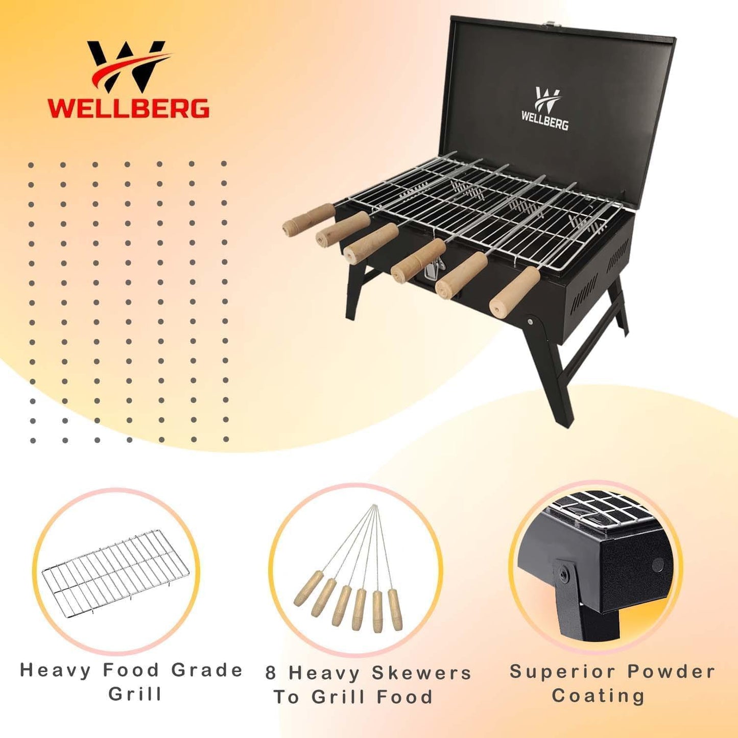 Wellberg Briefcase Charcoal Barbecue Grill with 8 skewers, 1 Grill, 1 Tong - WELLBERG