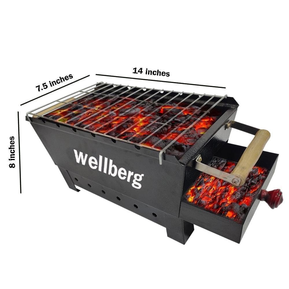 Wellberg Charcoal Grill Barbecue with 6 skewers, 1 Grill and 1 Tong - WELLBERG