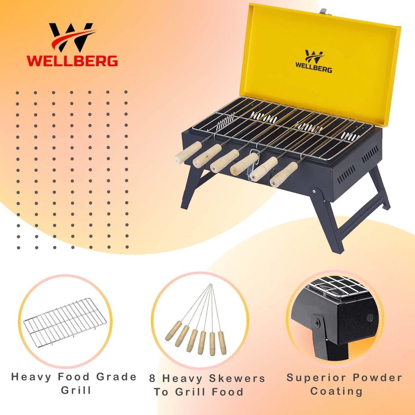 Wellberg Briefcase Charcoal Barbecue Grill with 8 skewers, 1 Grill, 1 Tong (Yellow) - WELLBERG