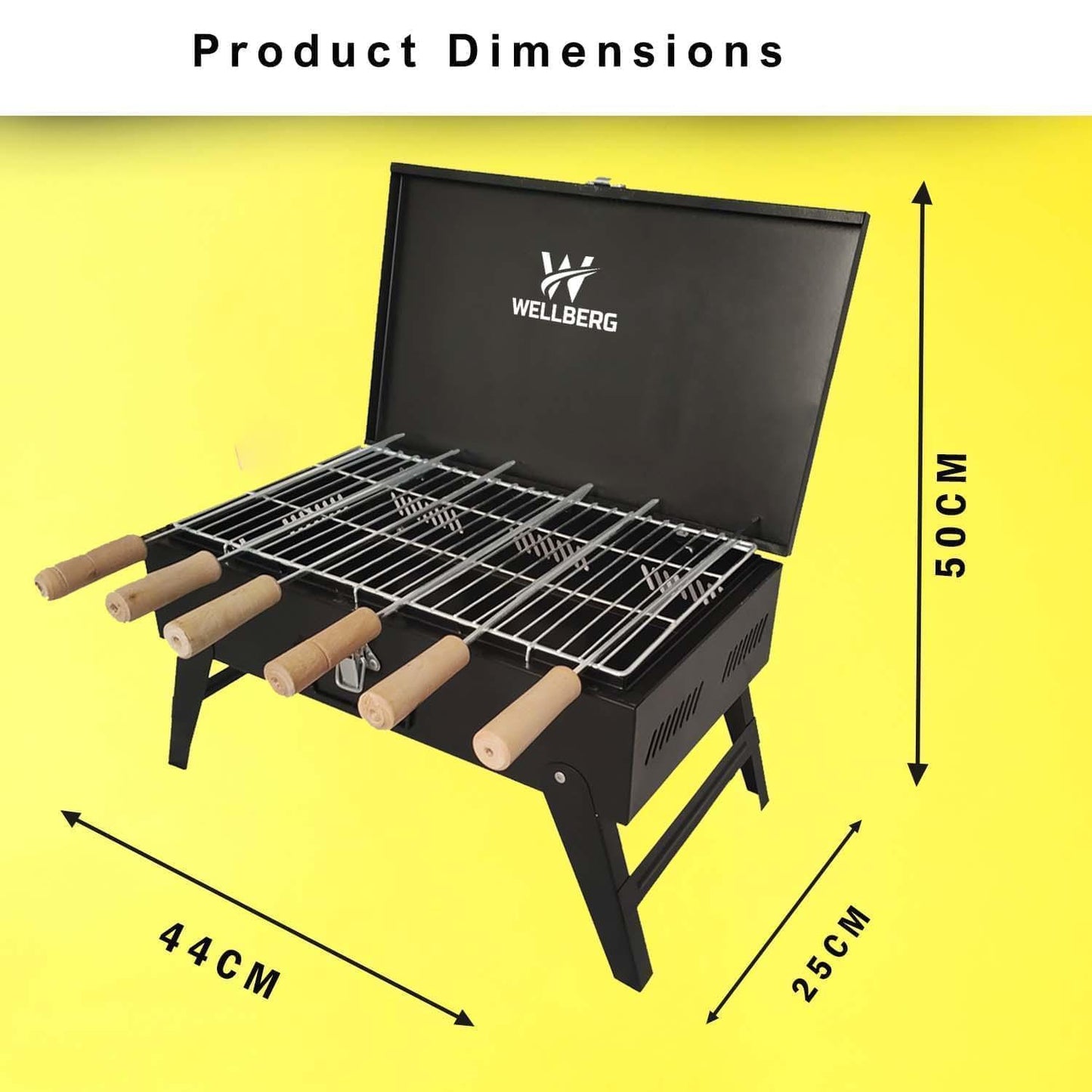 Wellberg Briefcase Charcoal Barbecue Grill with 8 skewers, 1 Grill, 1 Tong (Yellow) - WELLBERG