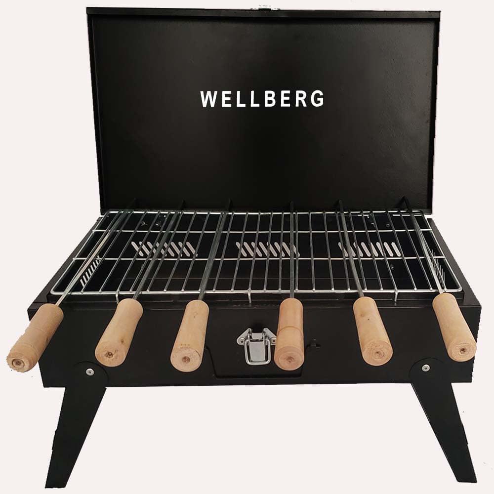 Wellberg Briefcase Charcoal Barbecue Grill with 8 skewers, 1 Grill, 1 Tong - WELLBERG