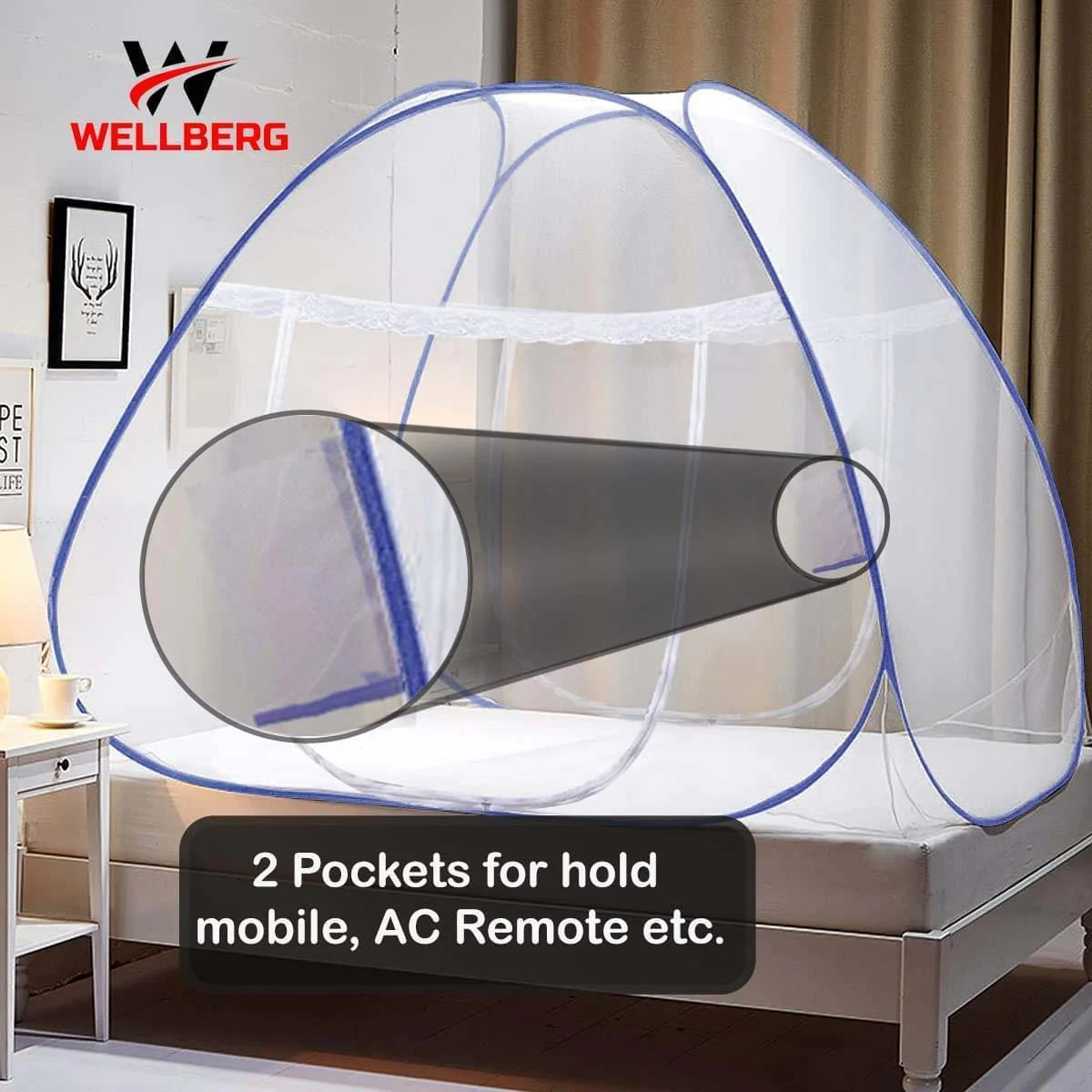 Wellberg Mosquito Net, Double Bed (Queen Size, 24-30 GSM, Foldable, Highly Durable) -Blue - WELLBERG