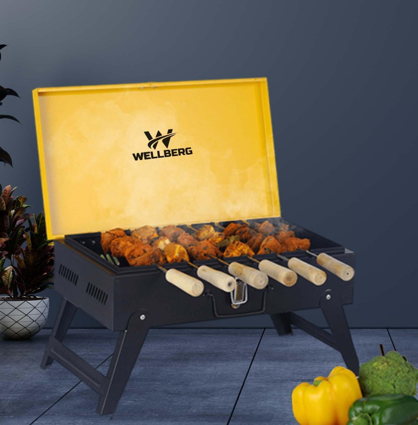 Wellberg Briefcase Charcoal Barbecue Grill with 8 skewers, 1 Grill, 1 Tong (Yellow) - WELLBERG