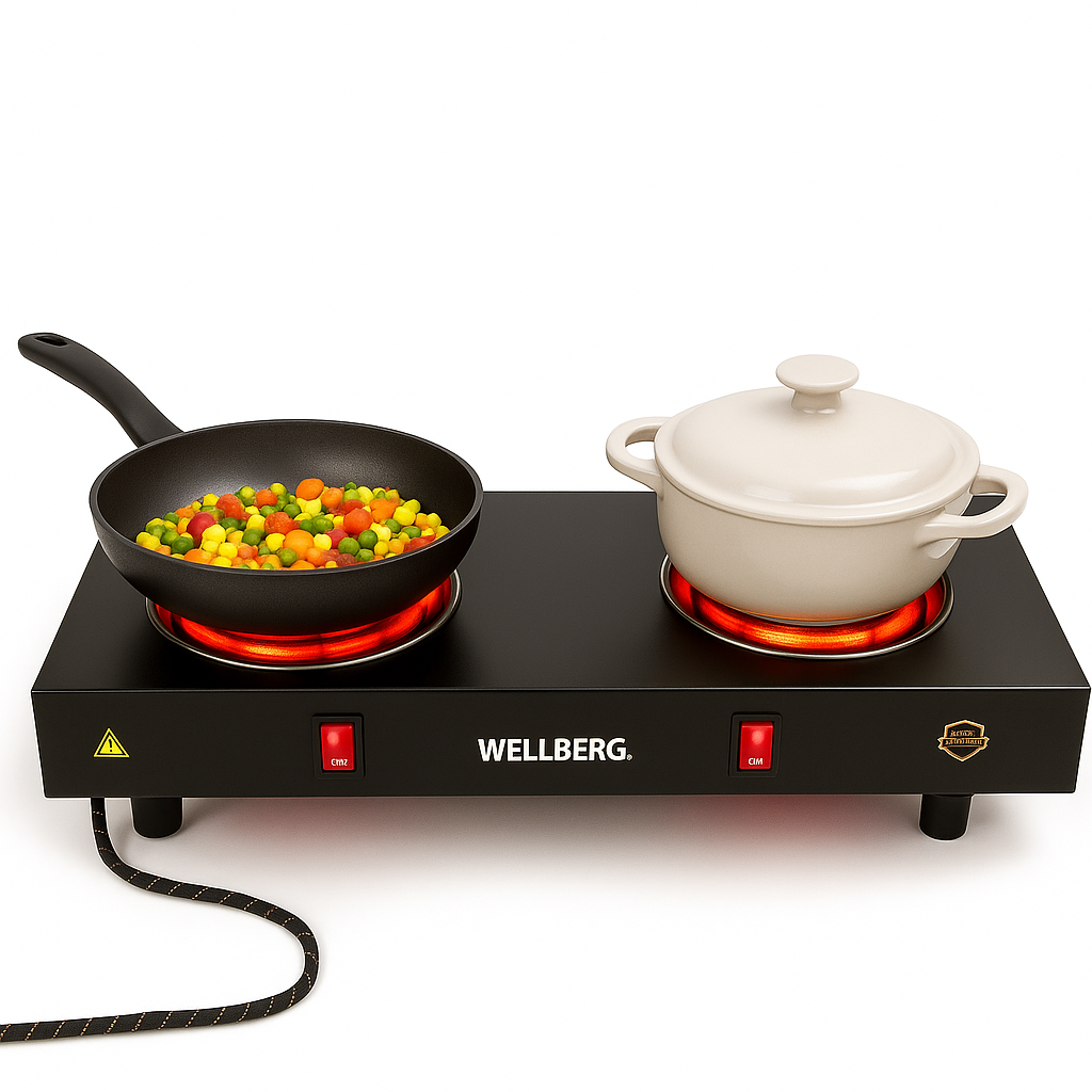 Wellberg Electric Double Burner Stove 2000W | Dual Heating Plate with Rocker Switch & Light Indicator | Compact & Portable Cooktop for Home Use