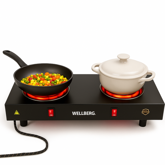 Wellberg Electric Double Burner Stove 2000W | Dual Heating Plate with Rocker Switch & Light Indicator | Compact & Portable Cooktop for Home Use