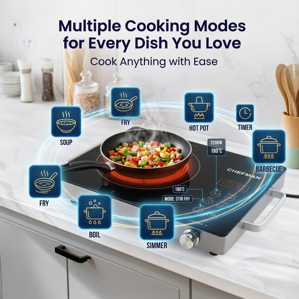 Chefman 2200W Infrared Cooktop | Touch Control, LED Display, All Utensils Compatible | Fast Heating Electric Cooktop with Timer & Temperature Control | Portable for Home Kitchen