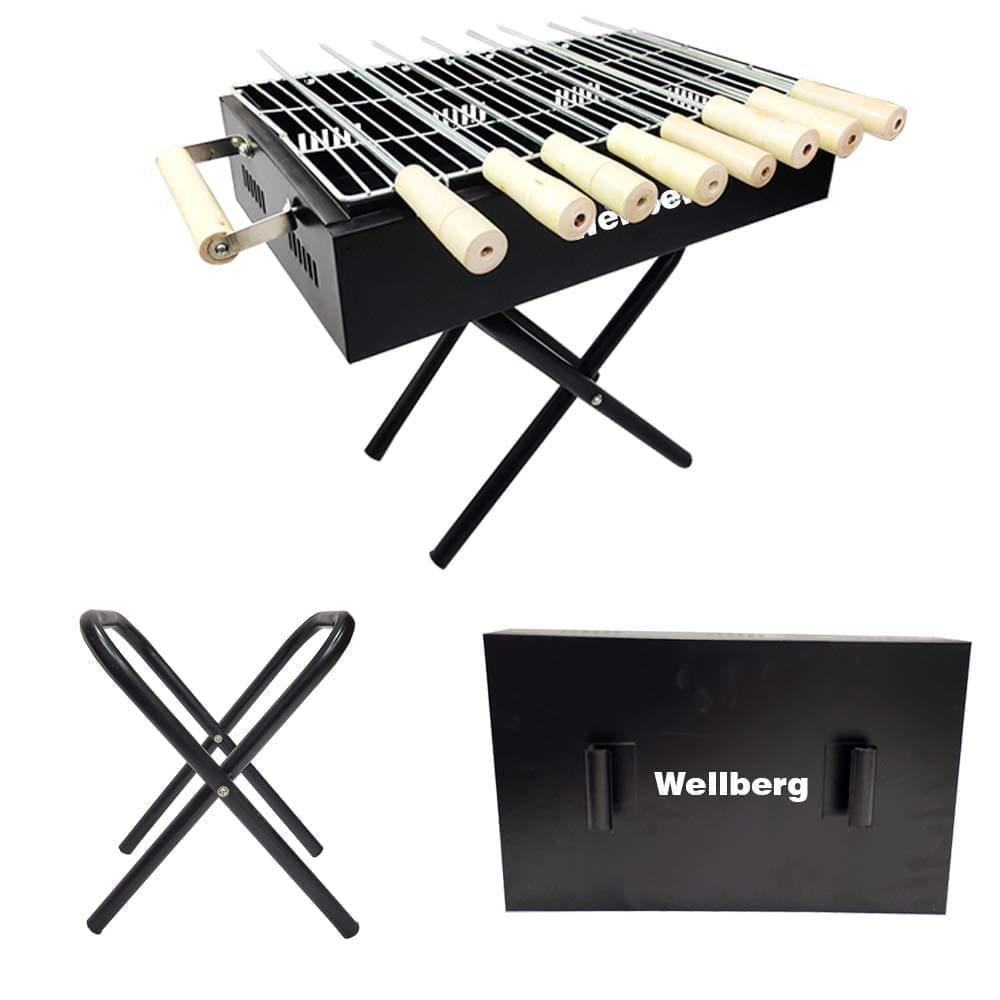 Wellberg foldeble Barbeque Grill for Home and Garden with 8 skewers 1 Grill 1 Tong - WELLBERG