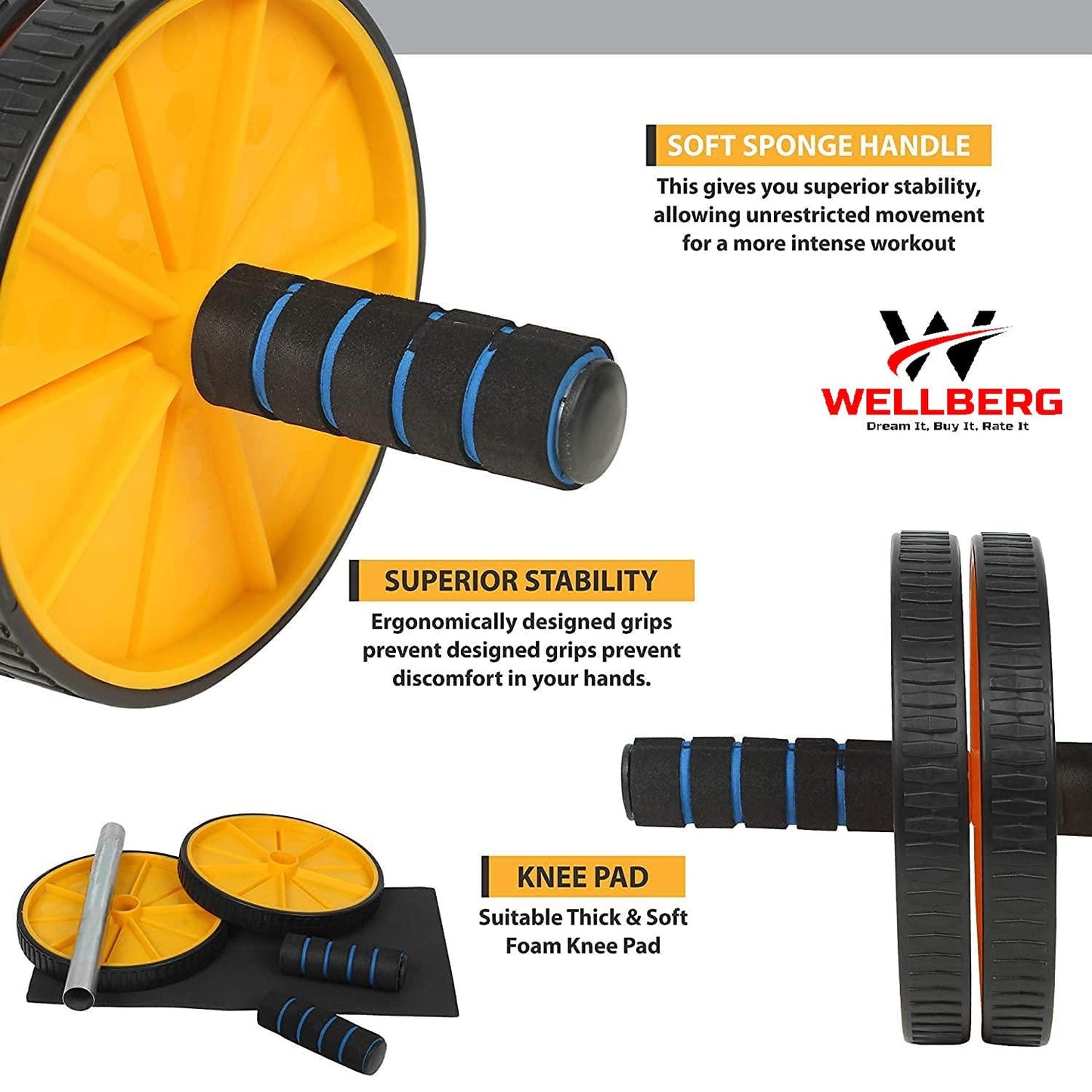 Wellberg Abs Roller Exercise Equipment, Wheel With Knee Mat for Home Gym, Machine Workout, Fitness, Exercise, Muscle Growth & Physical Therapy for Men & Women - WELLBERG