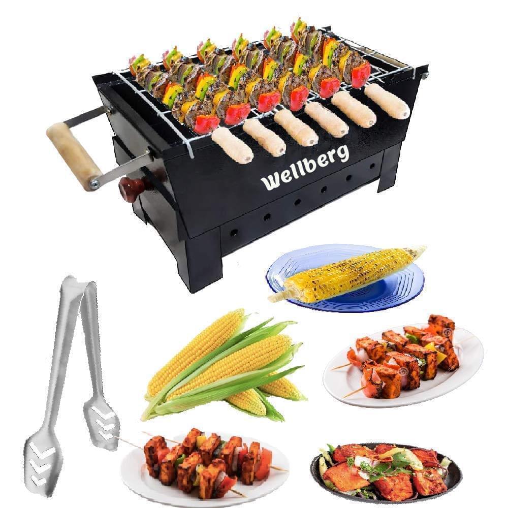 Wellberg Charcoal Grill Barbecue with 6 skewers, 1 Grill and 1 Tong - WELLBERG