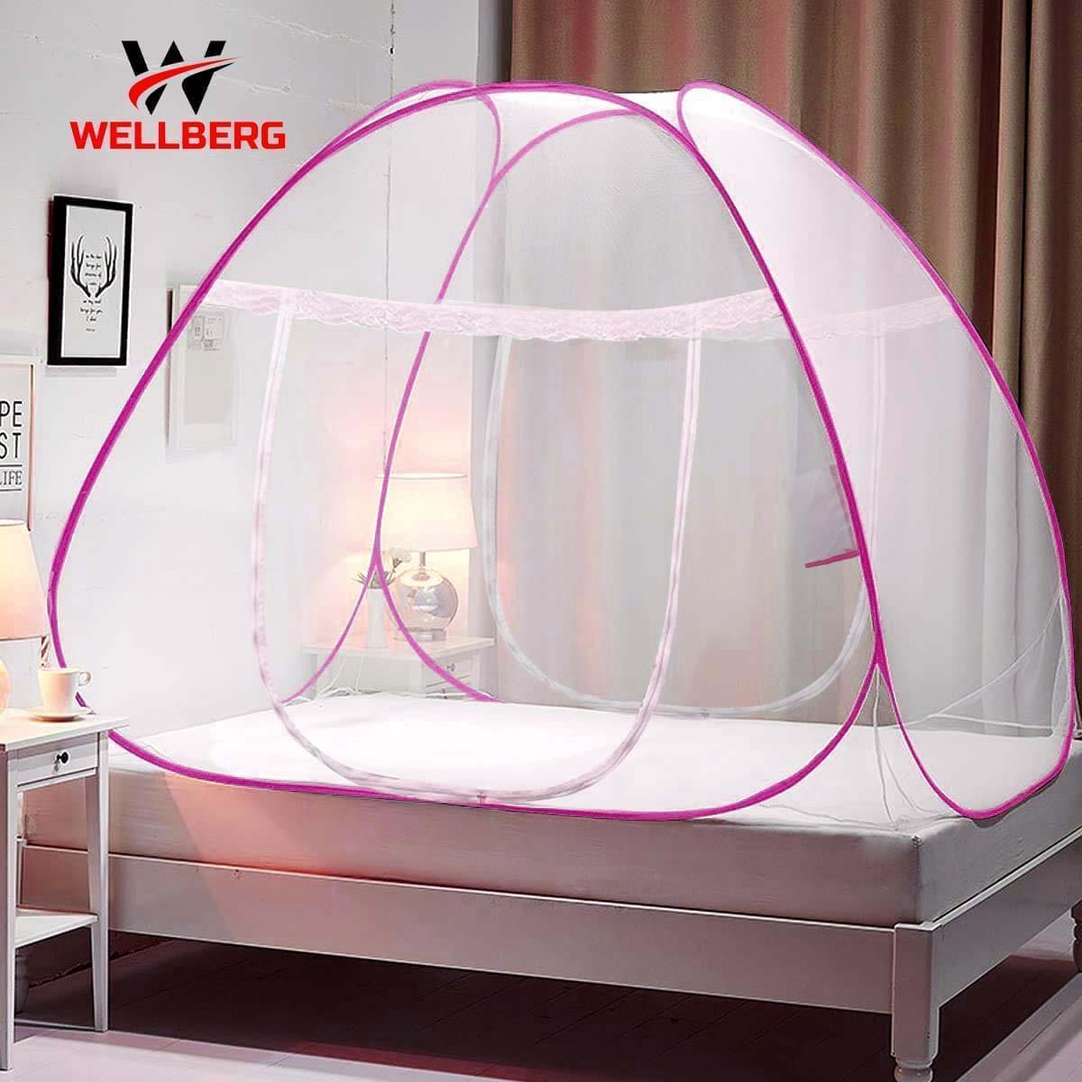 Wellberg Mosquito Net, Double Bed (King Size, 24-30 GSM, Foldable, Highly Durable) - Pink - WELLBERG