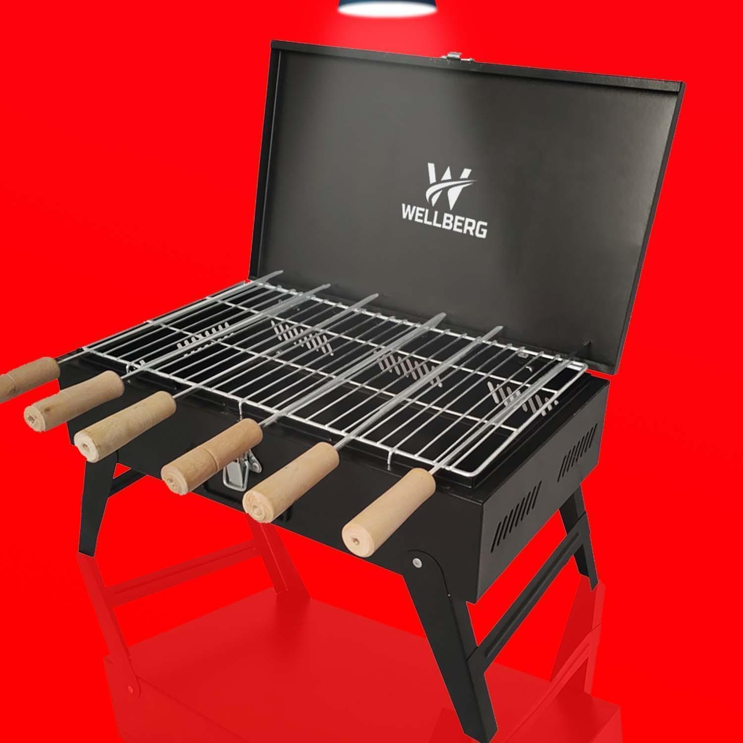 Wellberg Briefcase Charcoal Barbecue Grill with 8 skewers, 1 Grill, 1 Tong - WELLBERG