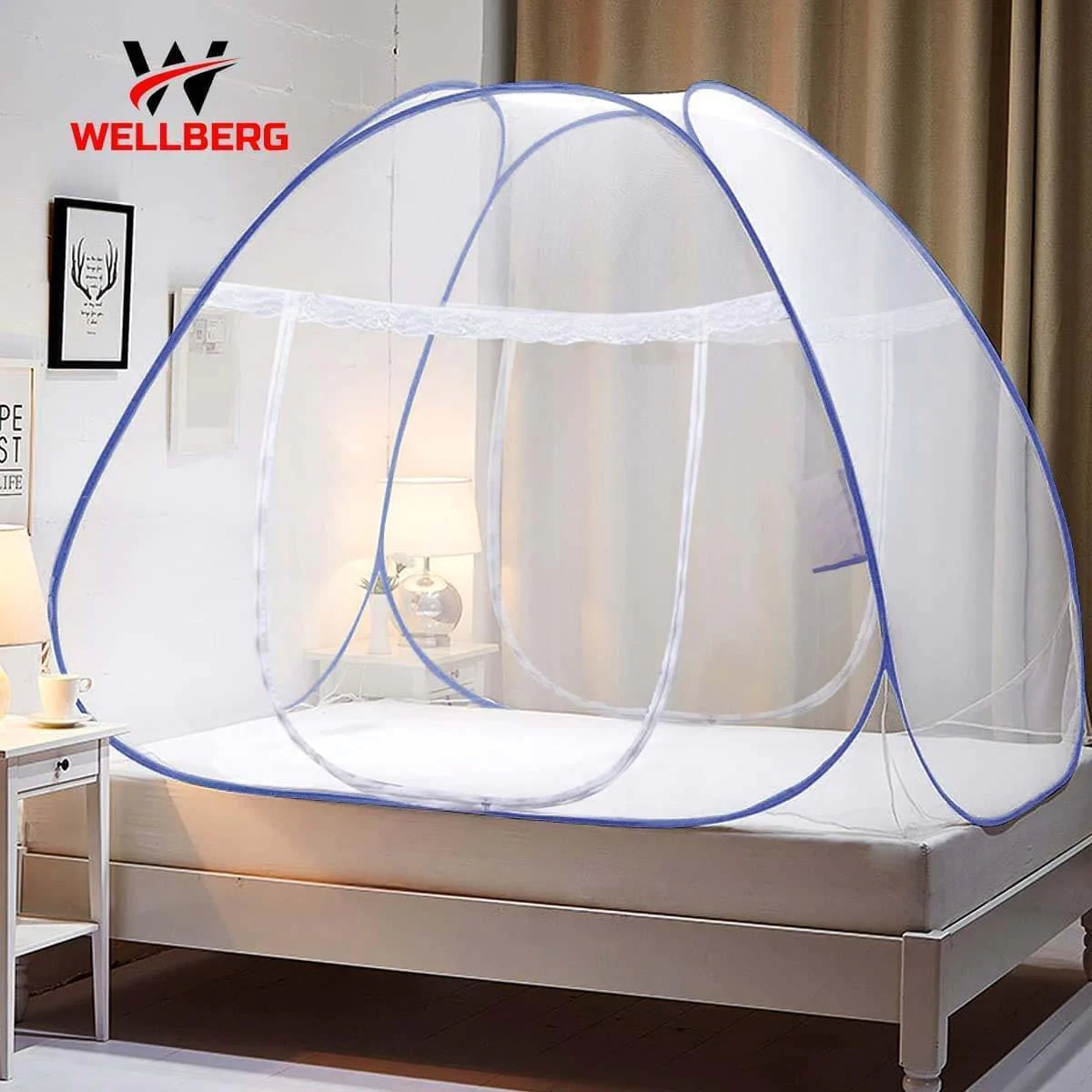 Wellberg Mosquito Net, Double Bed (Queen Size, 24-30 GSM, Foldable, Highly Durable) -Blue - WELLBERG