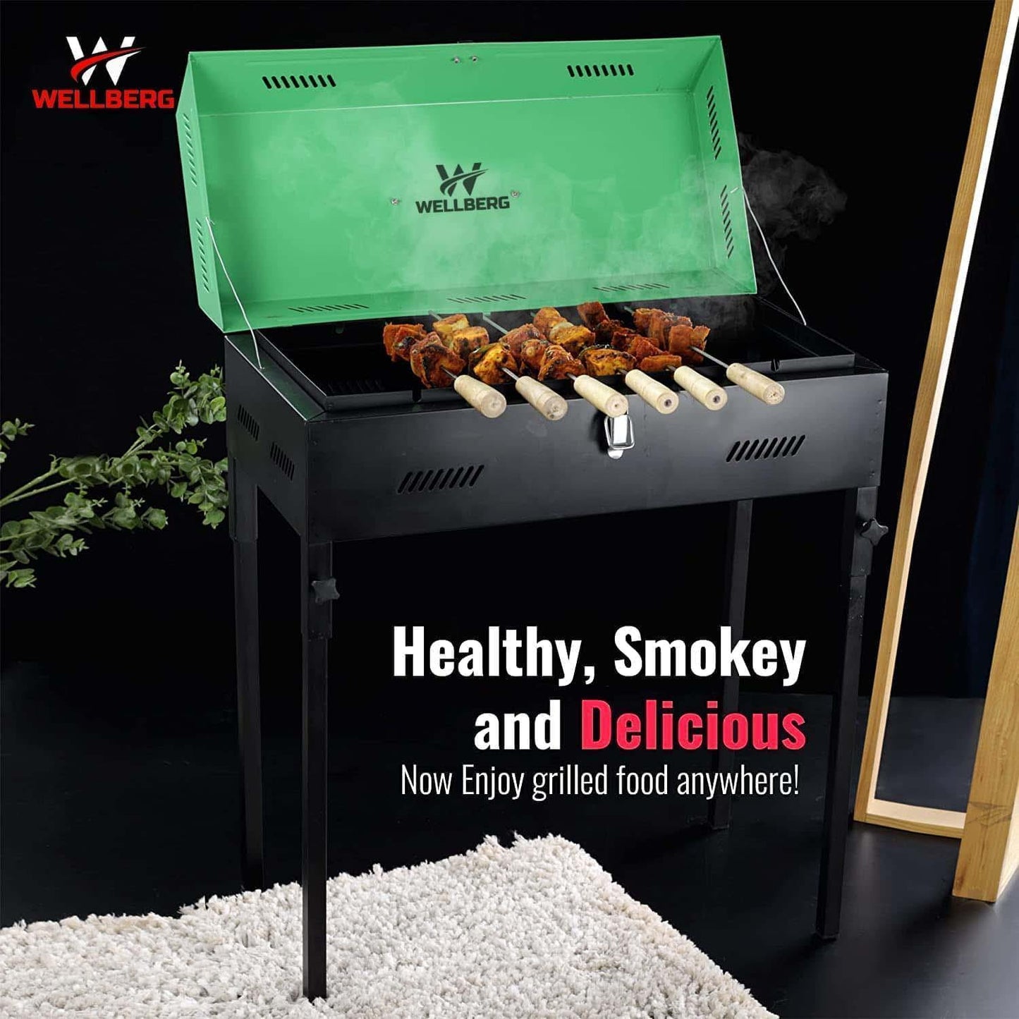 Wellberg Premium Xl Charcoal Barbeque Grill With Lid ( Red ) - WELLBERG