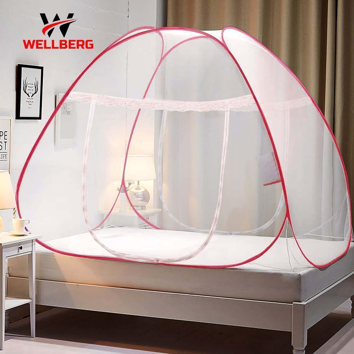 Wellberg Mosquito Net, Double Bed (Queen Size, 24-30 GSM, Foldable, Highly Durable) - Red - WELLBERG