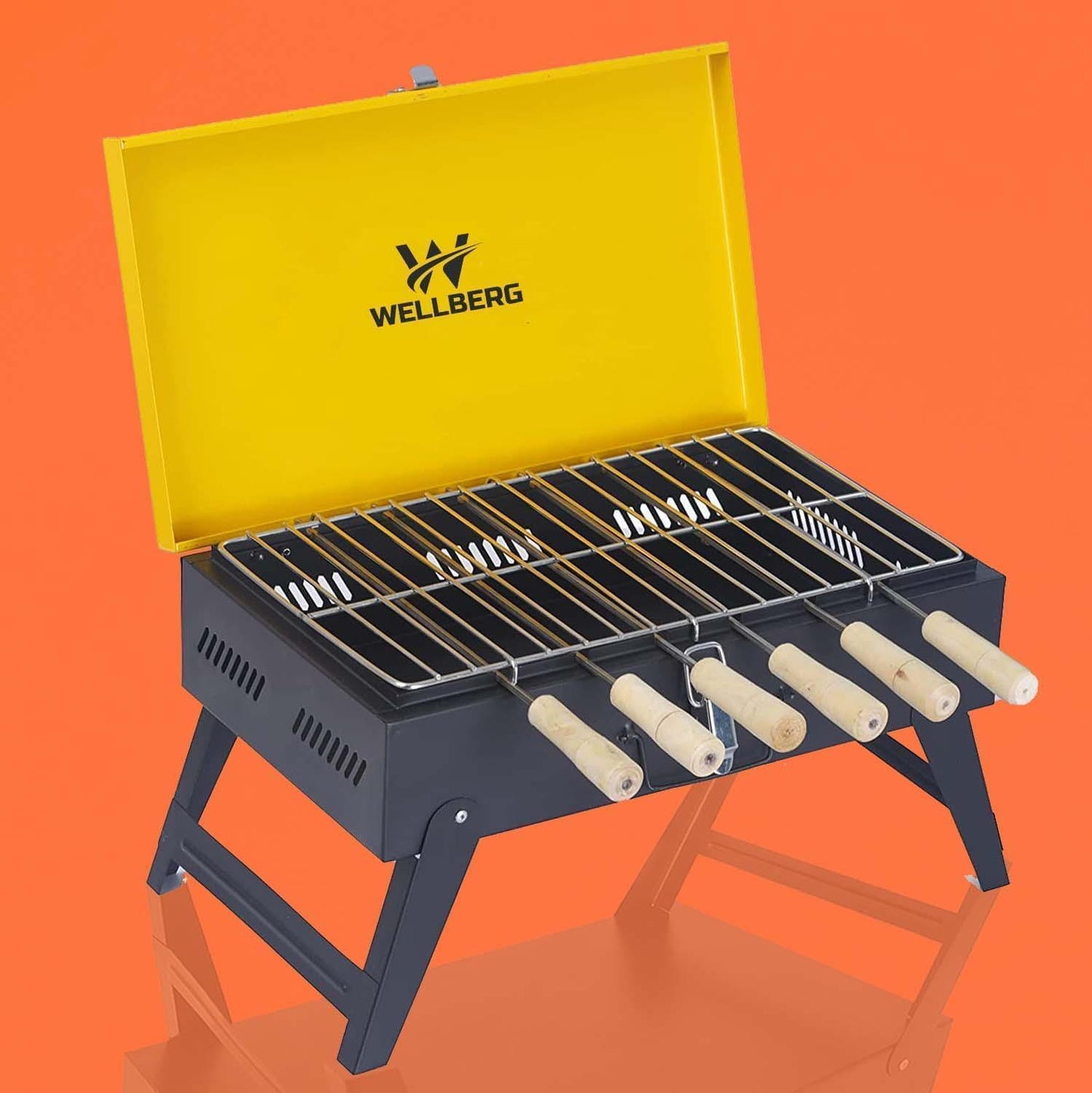 Wellberg Briefcase Charcoal Barbecue Grill with 8 skewers, 1 Grill, 1 Tong (Yellow) - WELLBERG